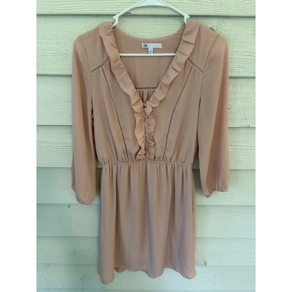 DR2 Blush Pink Ruffle Front Long Sleeve Dress XS Romantic Boho Mini Dress - Picture 2 of 9